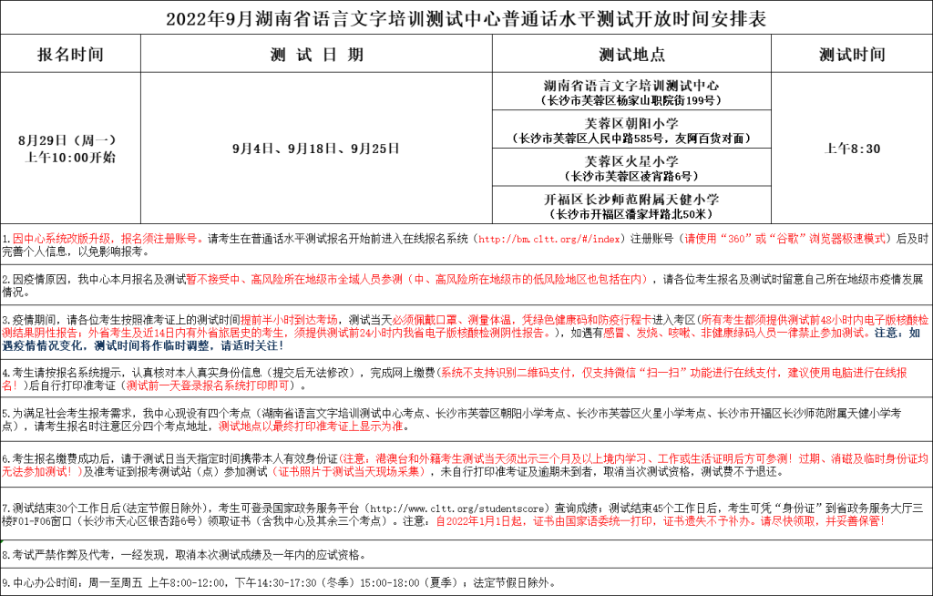 湖南省语言文字培训测试中心2022年9月普通话测试时间安排