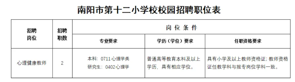 河南南阳市2025年第十二小学校校园招聘教师2人公告