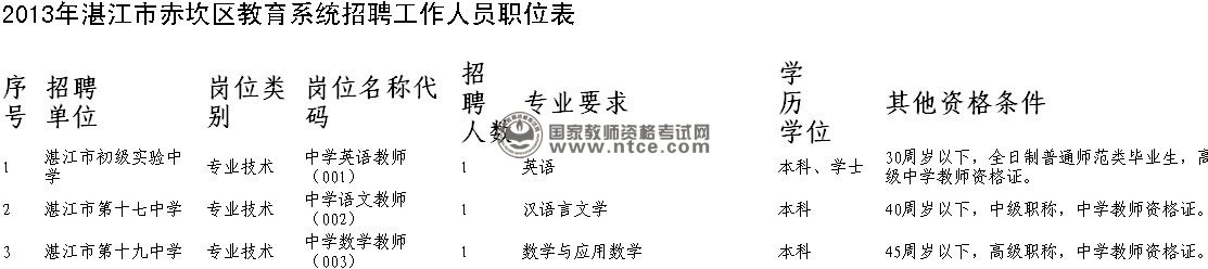 2013年湛江市赤坎区教育系统招聘工作人员职位表