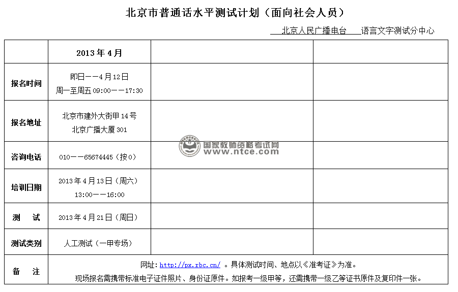 北京市2013年4月普通话水平测试报名通知