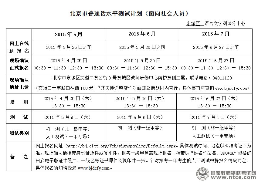 北京市东城区5-8月份面向社会普通话测试安排