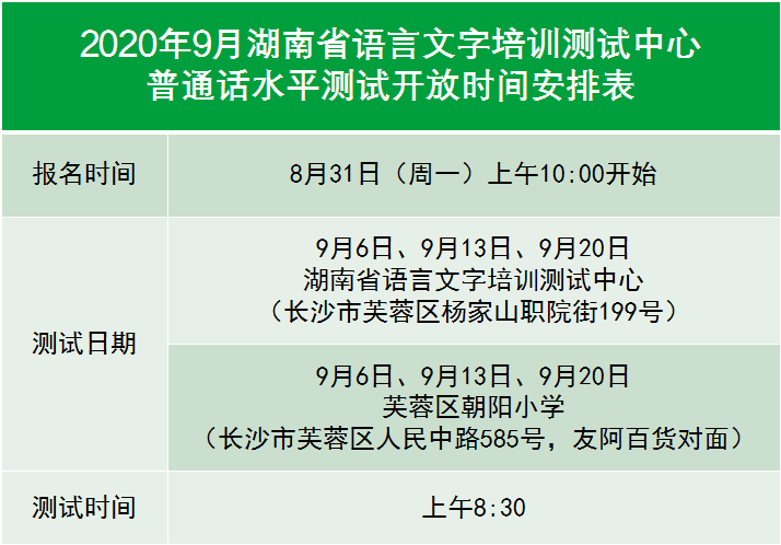 湖南长沙2020年9月普通话水平测试开放时间安排表