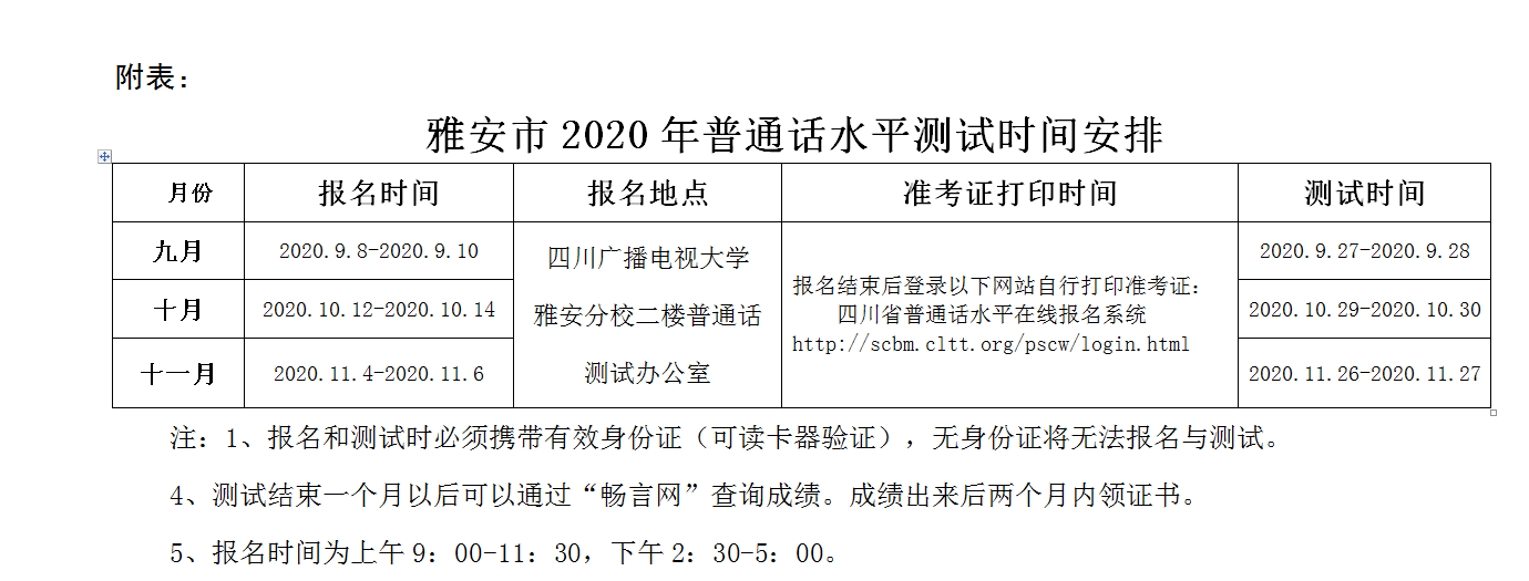 四川雅安市2020年下半年普通话水平测试的通知